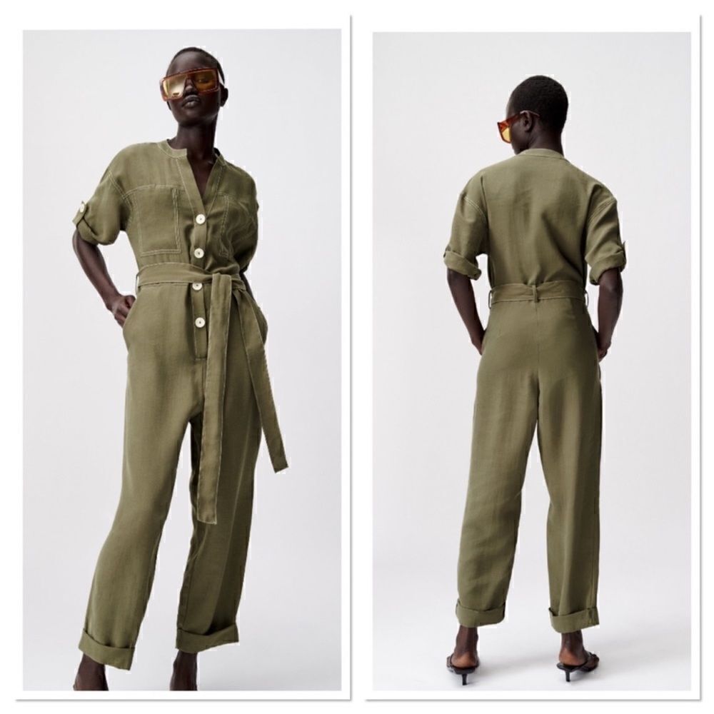 Zara Green Long Sleeves Belted Jumpsuit